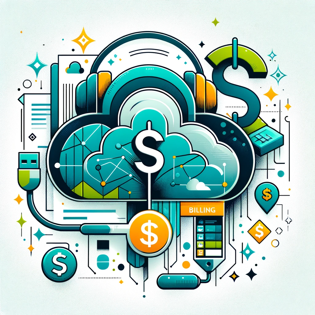 A modern illustration symbolizing AWS CLF-CO2_ Billing, Pricing, and Support. The image features elements such as a cloud icon, dollar signs, a price