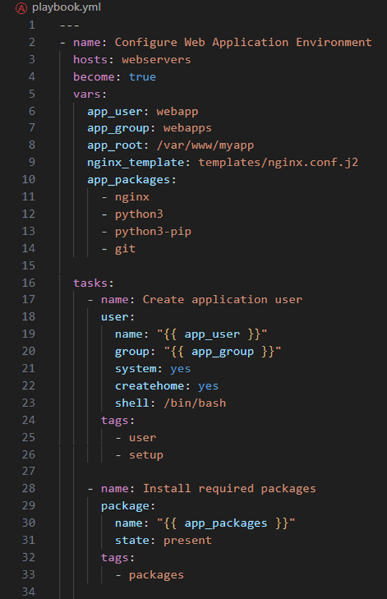 example of an Ansible playbook that sets up a web application environment